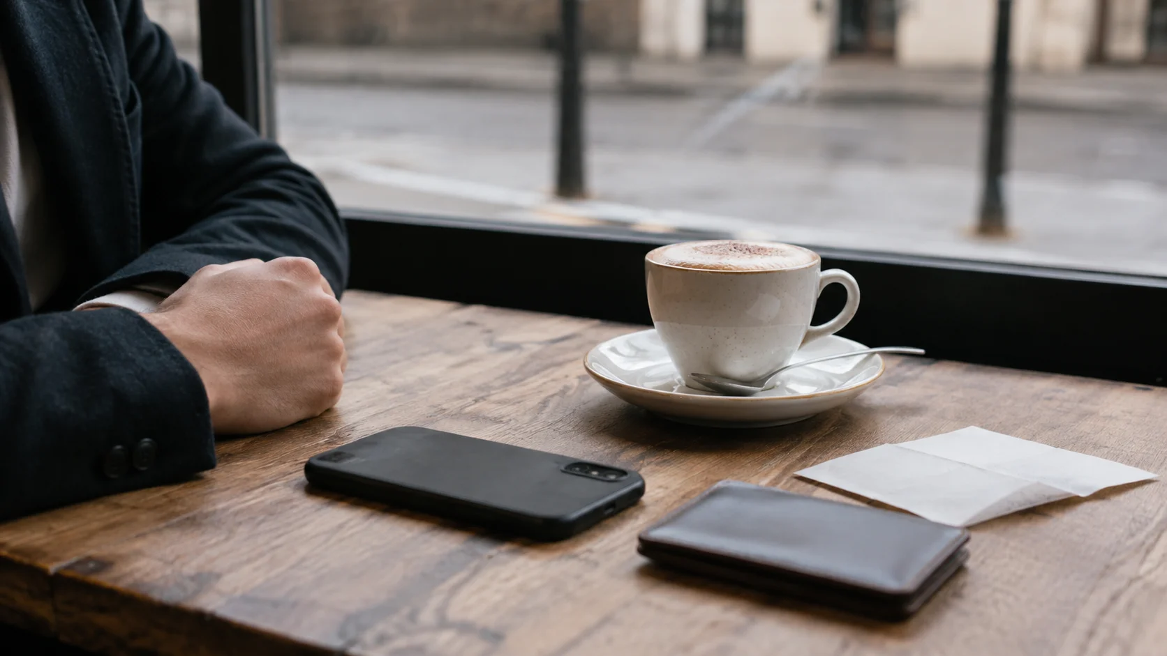 Cafétisch mit Smartphone, Geldbörse und Cappuccino