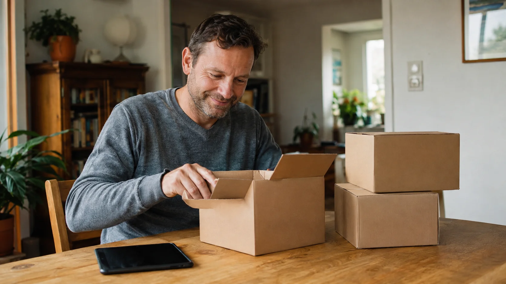 Mann öffnet zufrieden ein Paket am Esstisch